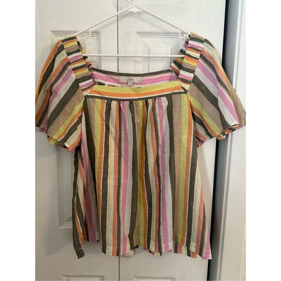 Loft Women's Striped Square Neck Blouse Green Pink Size XLP Petites - Picture 1 of 7